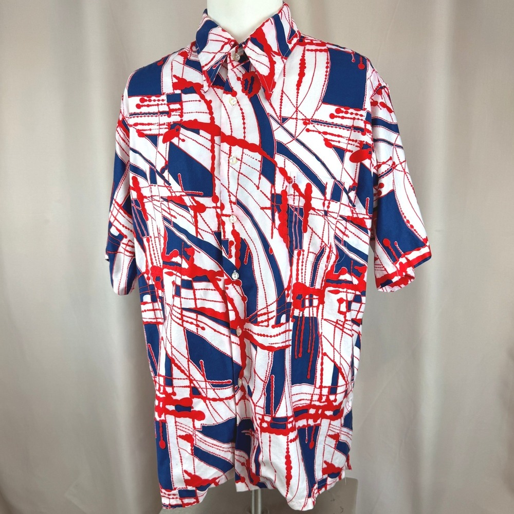 Vintage 70s SAKS FIFTH AVENUE Mens Disco Shirt|XL|Red White Blue Abstract Dagger